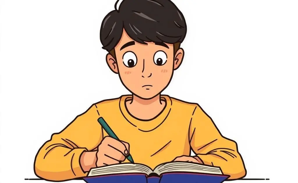 A person writing in a journal with a contemplative expression.