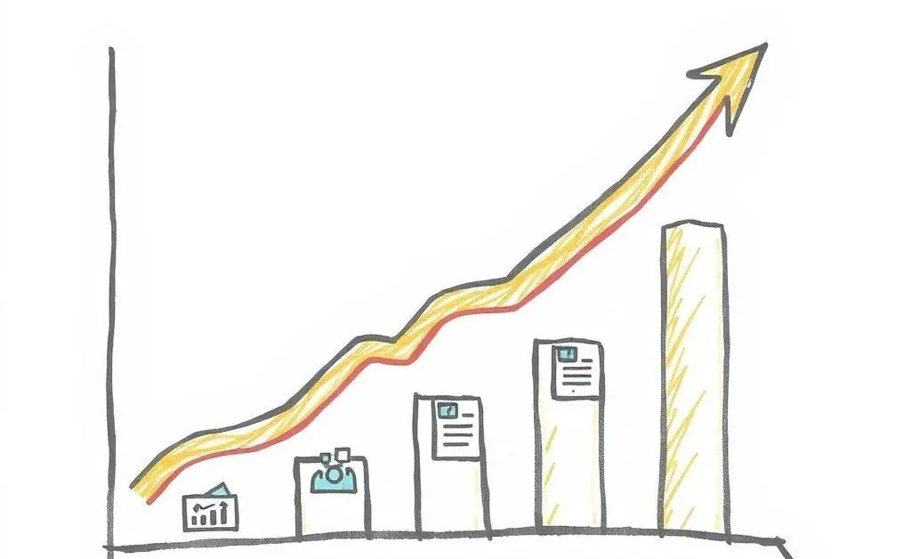 A hand-drawn chart showing upward financial growth with arrows and icons representing stocks and bonds.