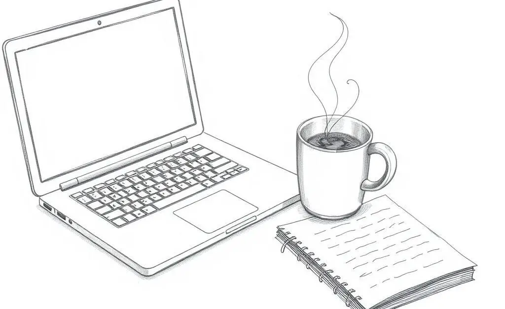 An organized desk with laptop, coffee, and notepad