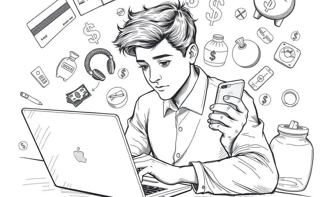 A person using a laptop and phone with bank icons