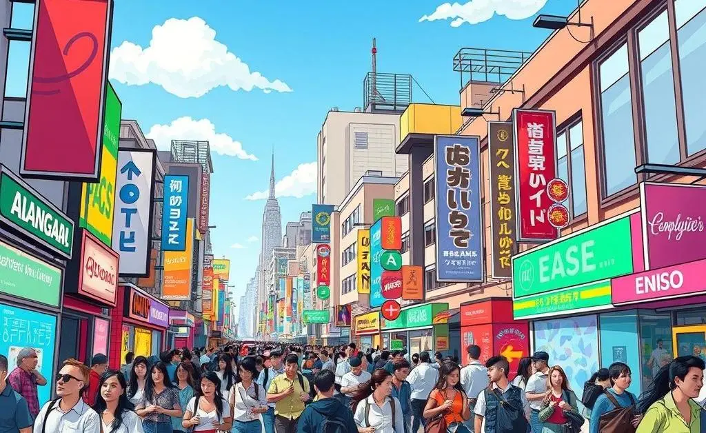 A cartoon-style depiction of a busy city street with people rushing around, symbolizing daily chaos.