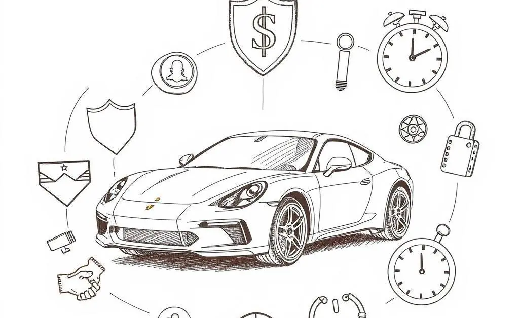 A car surrounded by insurance icons like a shield and dollar sign
