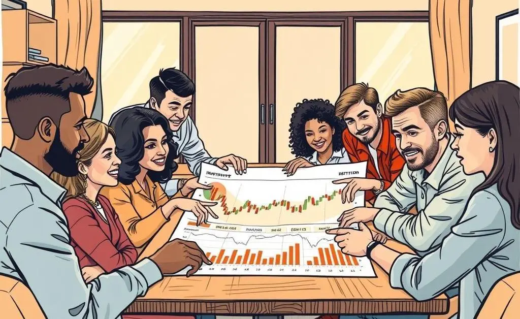 A diverse group of people studying an investing chart
