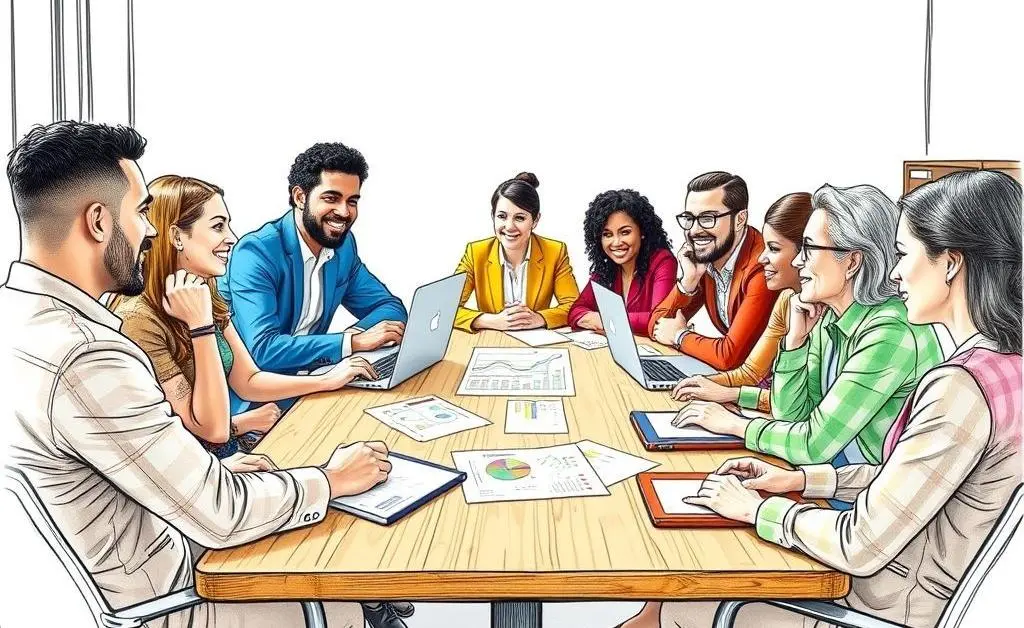 People discussing financial plans around a table.