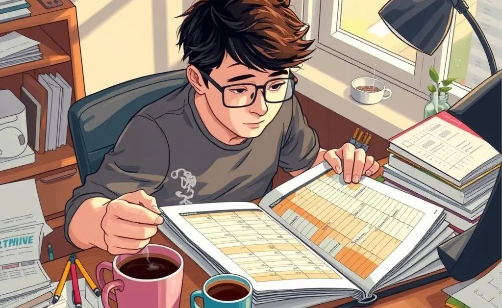 Person with a budget planner surrounded by coffee and stationery