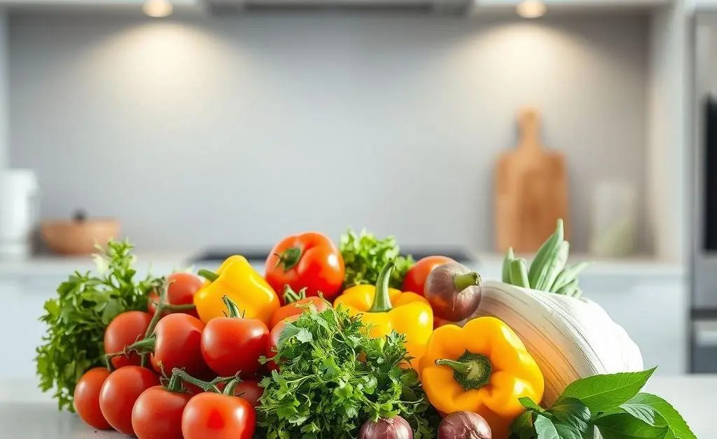 A simple and colorful ingredient setup on a kitchen counter