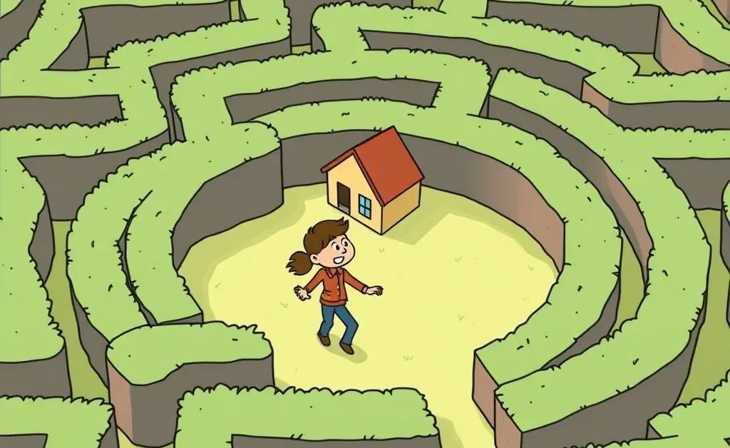Cartoon of a maze with a couple navigating through it, symbolizing the home buying process.