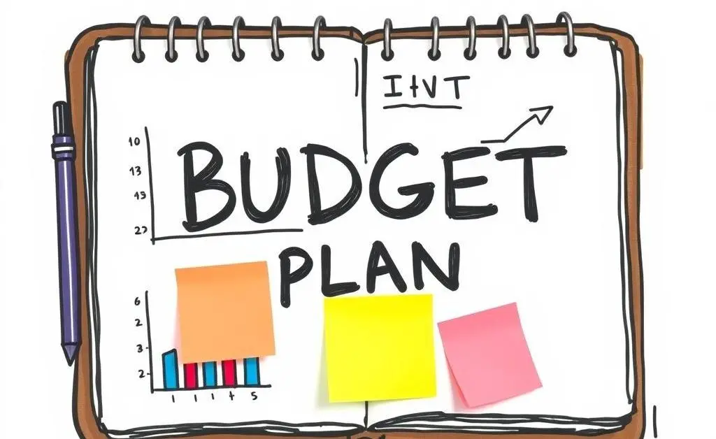Hand-drawn image of a budget plan notebook filled with colorful graphs and sticky notes