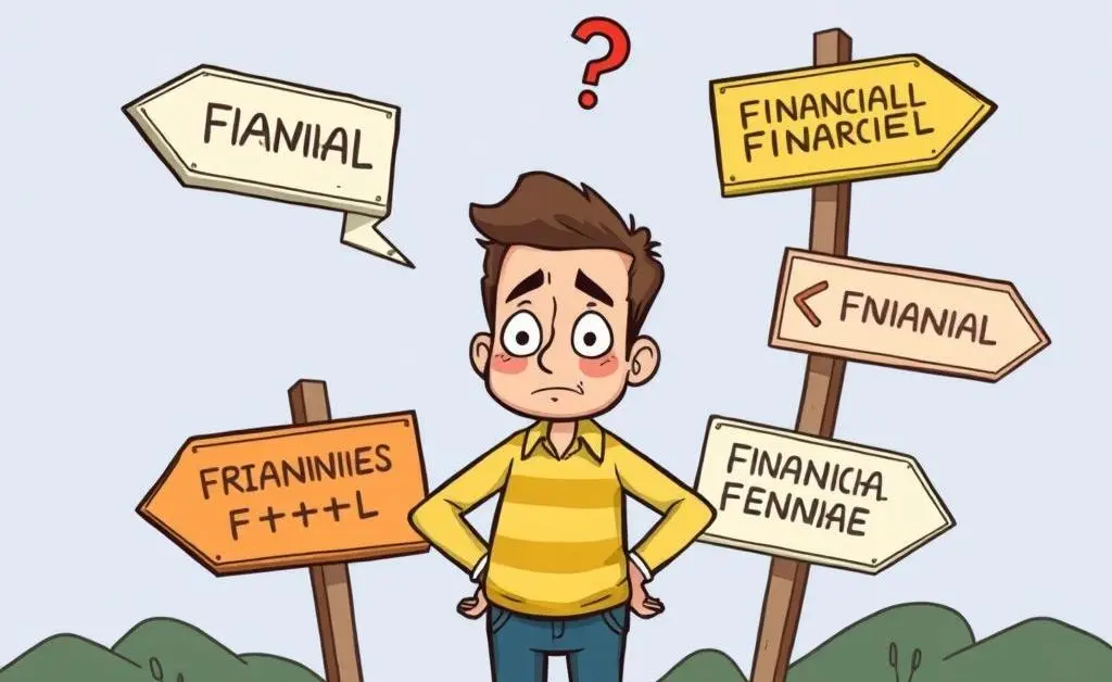 A cartoon illustration of a confused person standing at a crossroads with signs pointing to different financial directions.