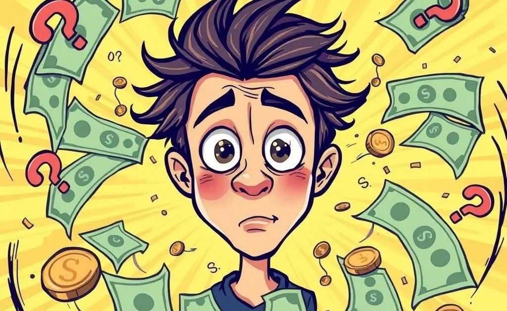 A person surrounded by swirling money and question marks