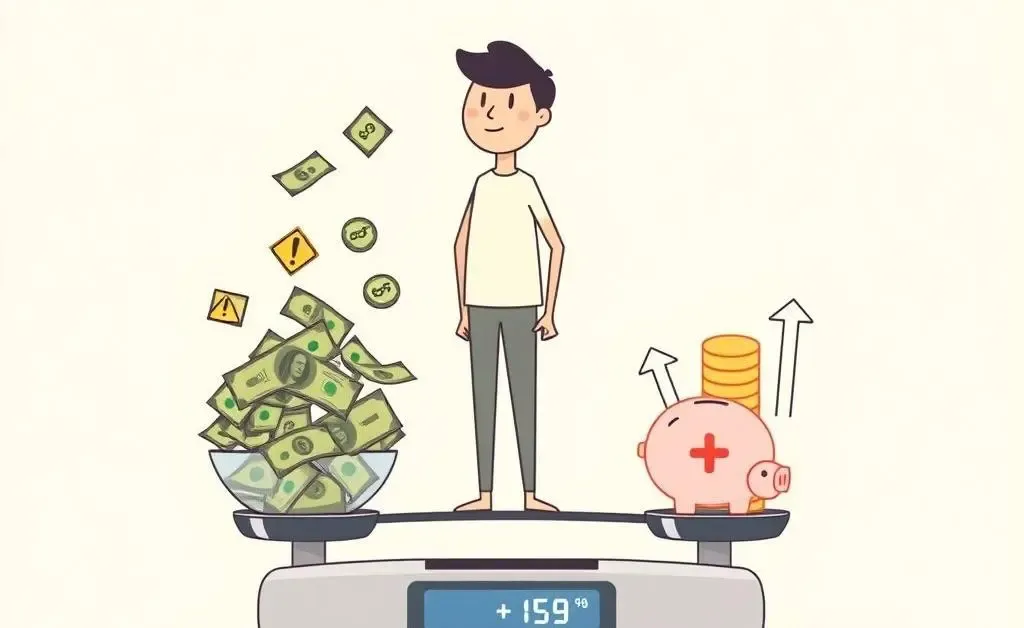 Cartoon of a person weighing an overdrawn and savings account