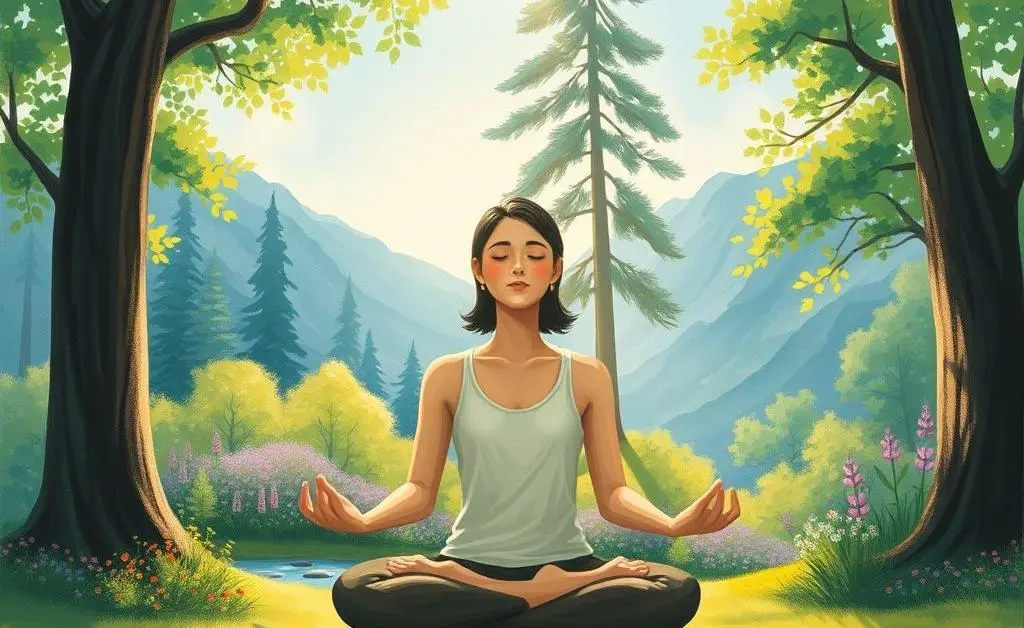 An illustration of someone meditating in a serene nature setting, representing finding peace amidst chaos.