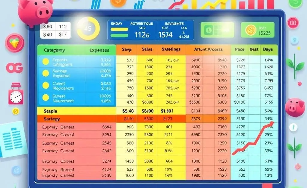 Illustration of a budget spreadsheet with expenses and savings.