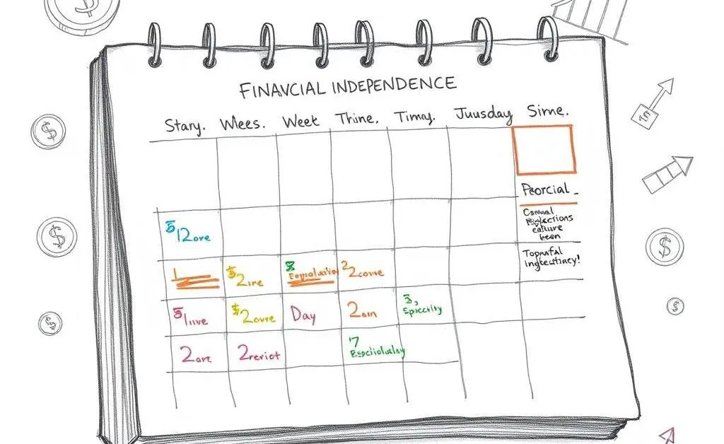 Hand-drawn calendar with marked financial milestones.