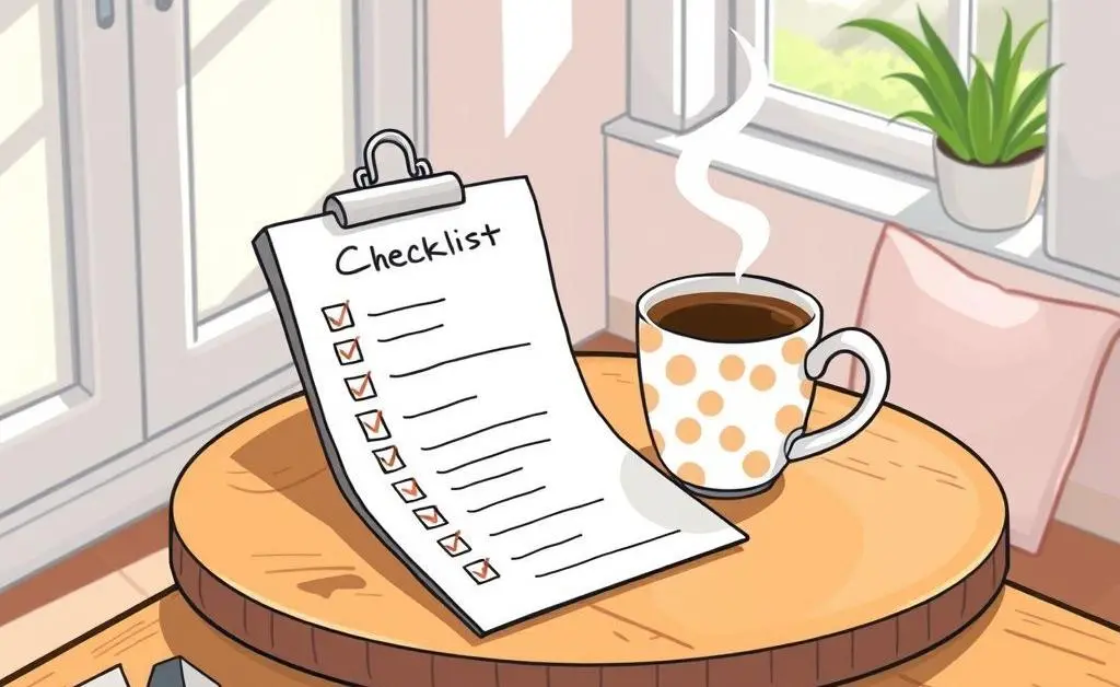 Cartoon of a checklist and a cup of coffee on a table, symbolizing organization and planning in home buying.