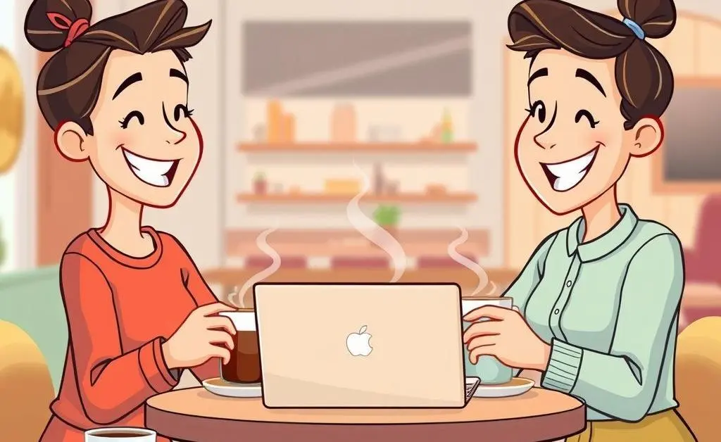 Two people having a friendly discussion over coffee with a laptop open.