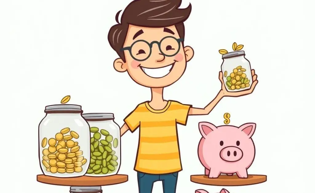 Cartoon-style drawing of a person happily balancing multiple savings jars and a piggy bank