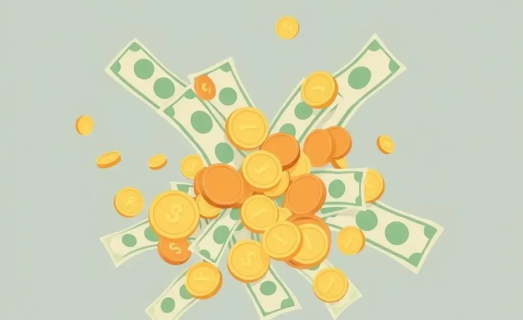 A minimalist style illustration of coins and paper bills mixing together in a swirling motion.
