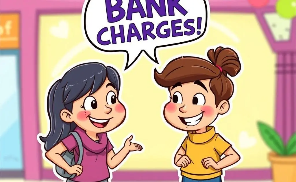 Two friends discussing bank fees in cartoon style