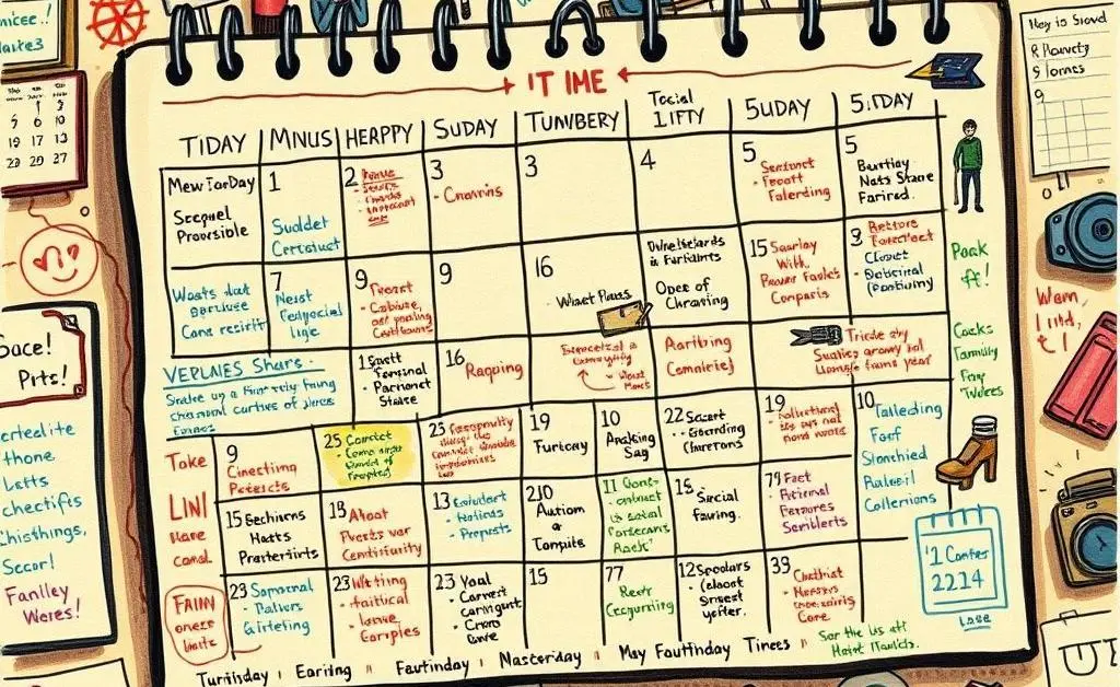 A hand-drawn image of a calendar filled with different activities, showcasing the hustle and bustle of everyday life.