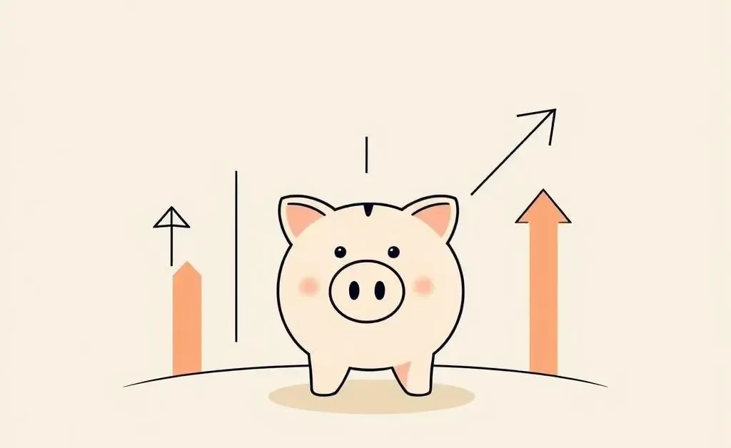 Piggy bank surrounded by financial growth symbols.