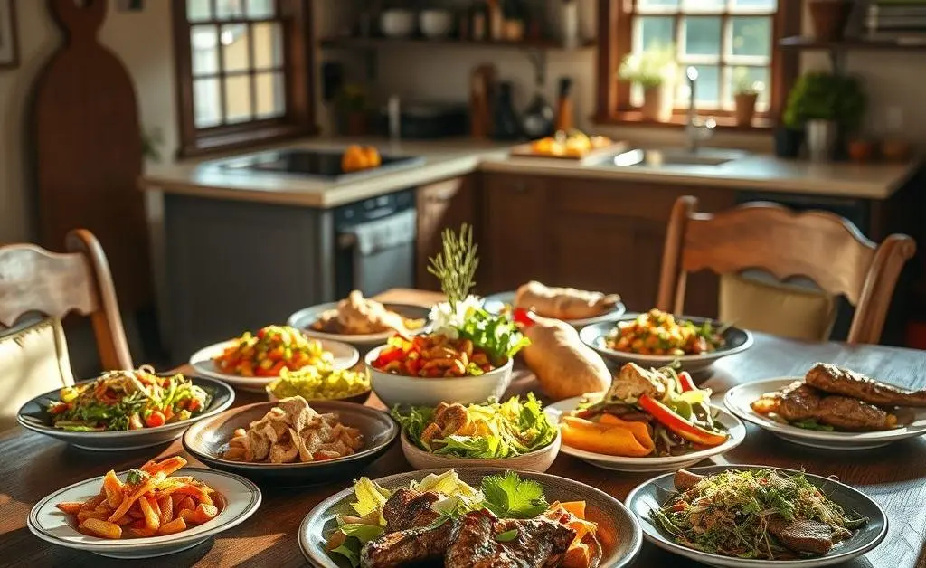 A table set with a beautifully presented home-cooked meal