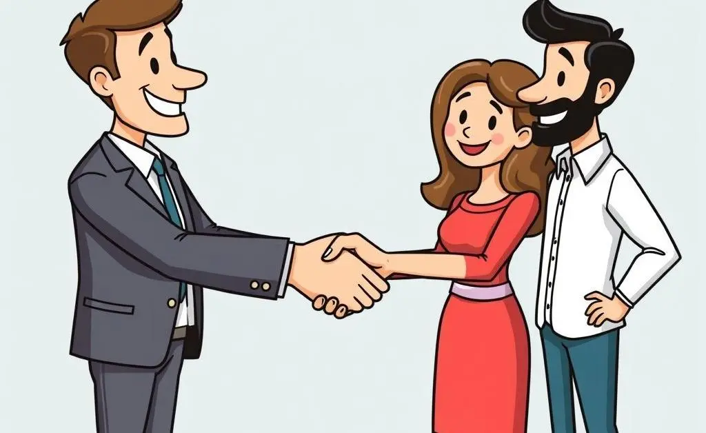 Cartoon of a handshake between a couple and real estate agent, symbolizing partnership in the home buying journey.