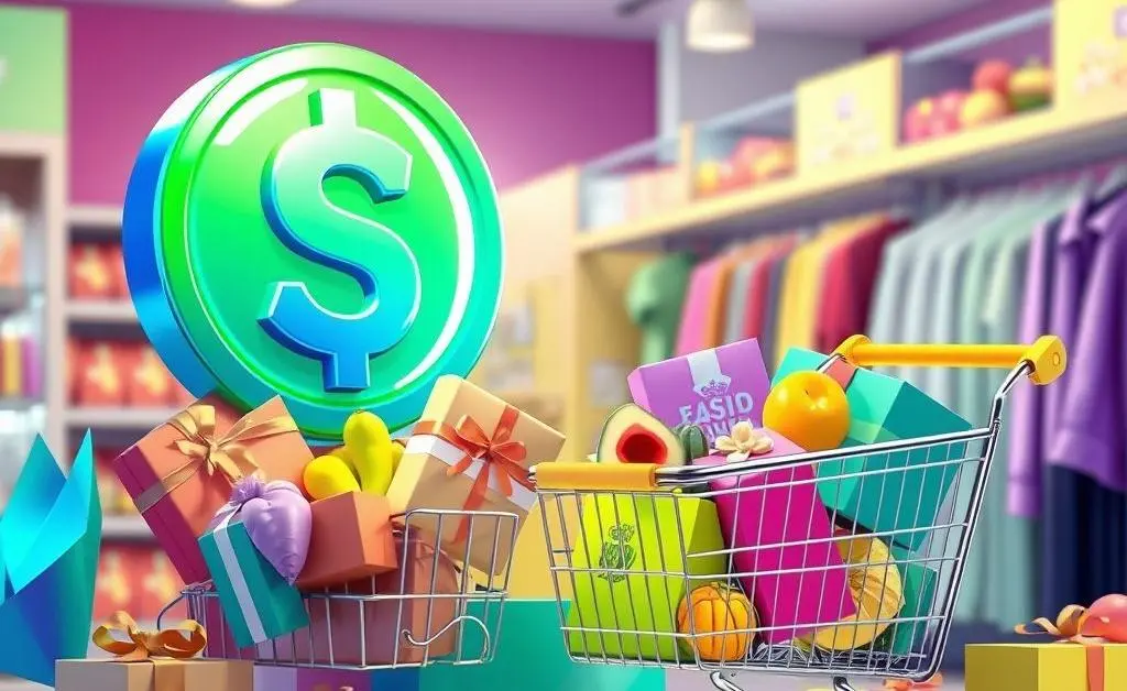Illustration of a large cashback symbol near shopping items like a cart and gifts