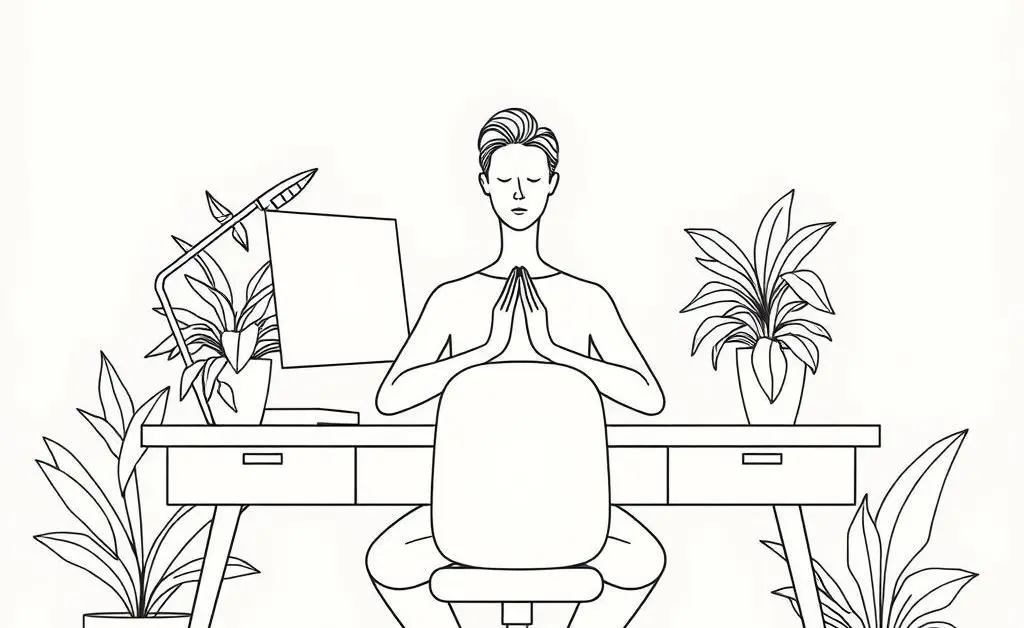 A person practicing deep breathing at a desk.