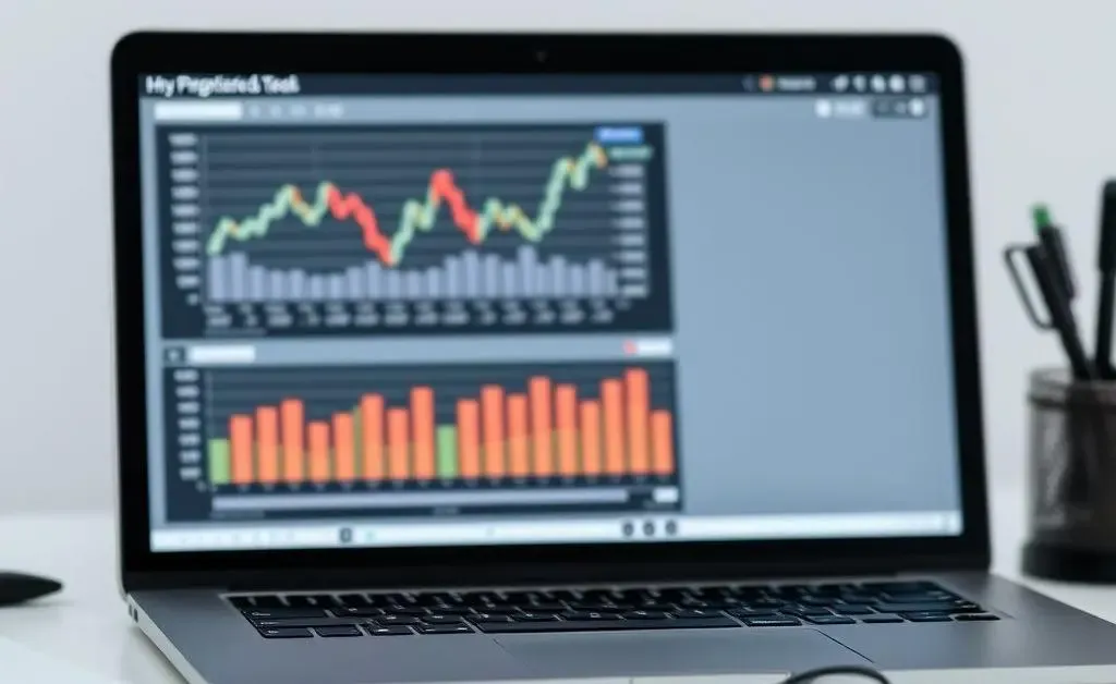 Minimalist image of digital financial tools on a desk, including a laptop with financial graphs