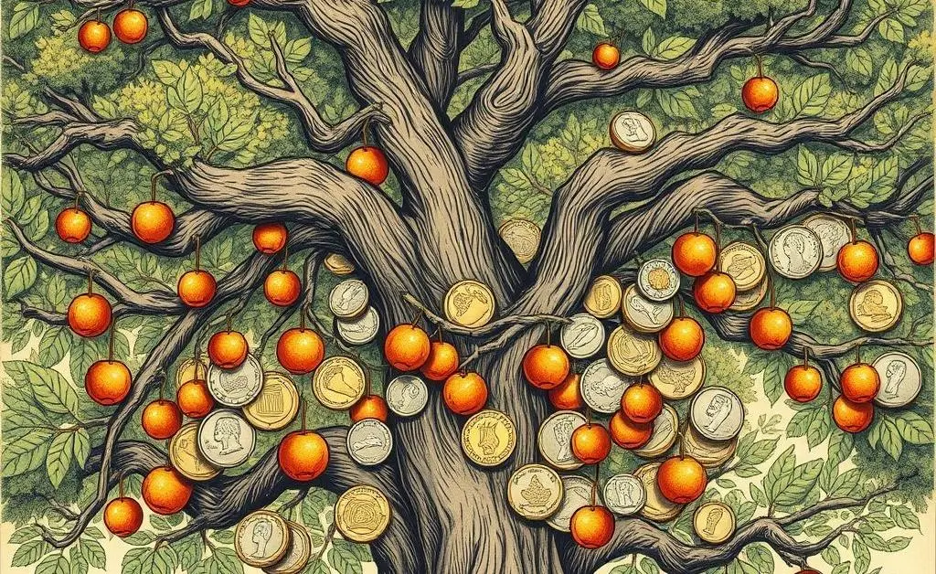 Tree with coins as fruits symbolizing growing wealth through dividends