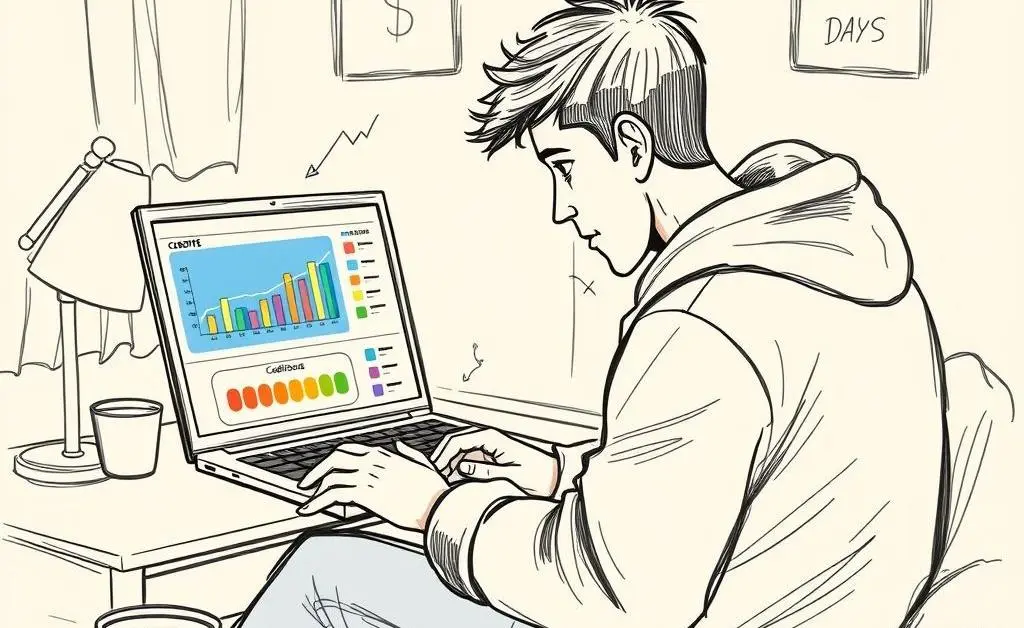 A hand-drawn style image of a person checking their credit score online.