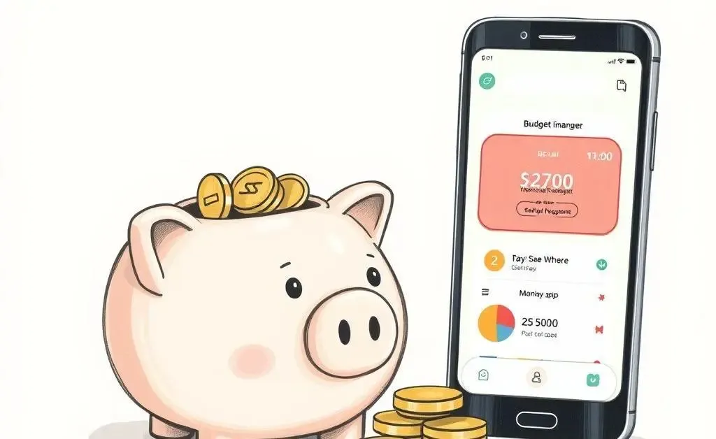 Piggy bank filled with coins next to a smartphone displaying a budget app