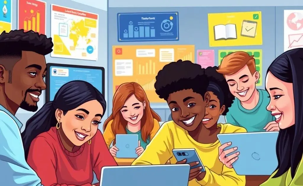Illustration of a digital classroom with diverse students engaging in online learning