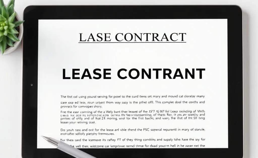 Lease contract on a tablet with pen and plant beside it