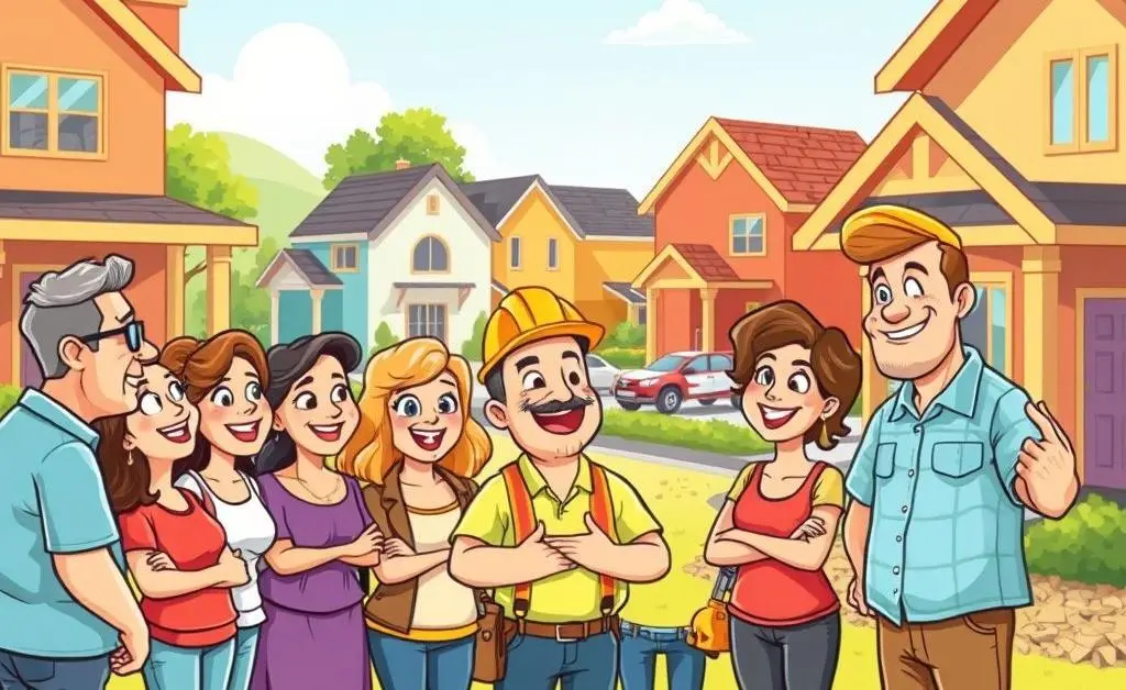Cartoon-style illustration of homeowners discussing with a builder about construction issues