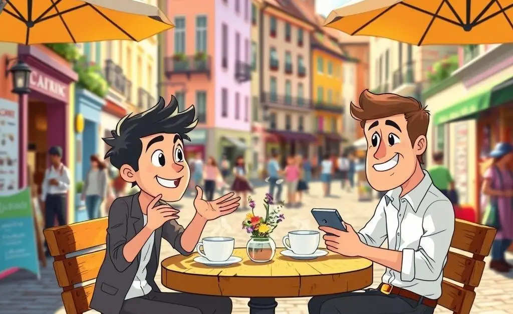 Two animated figures sitting at a cafe having a discussion about insurance