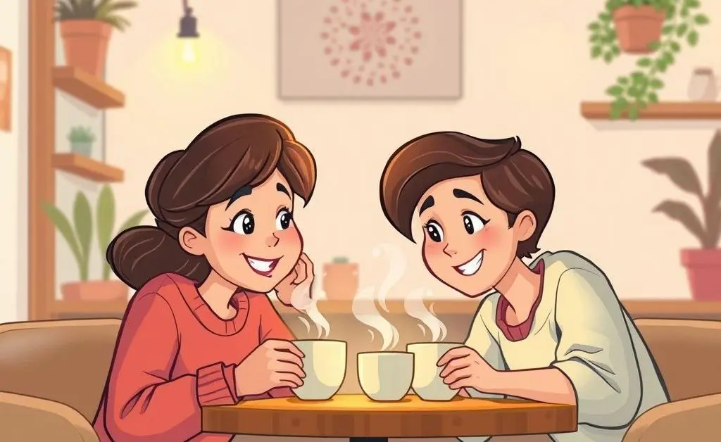 Close-up conversation between two friends over coffee, expressing warmth and openness.