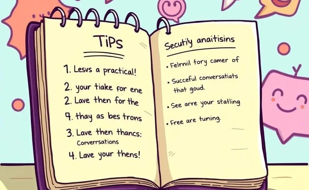 Cartoon-style drawing of a notepad with bullet points on effective conversation tips
