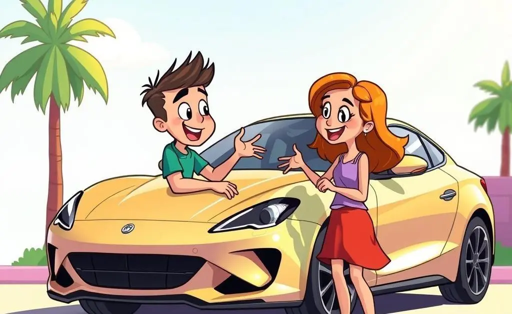 Two people conversing warmly over a car in a cartoon style.