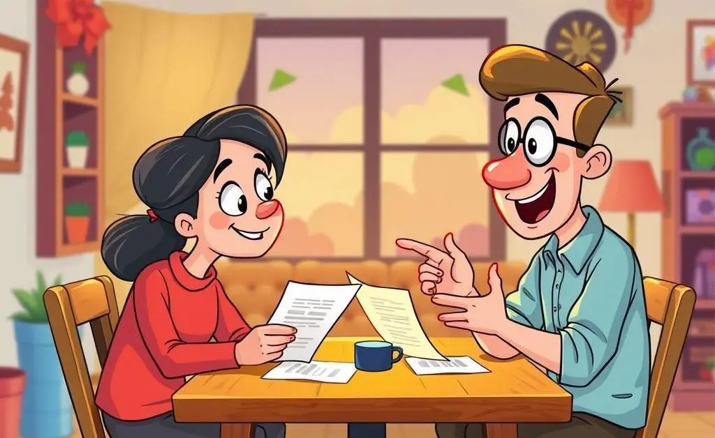 Cartoon-style image of two people having a conversation about insurance at a table.