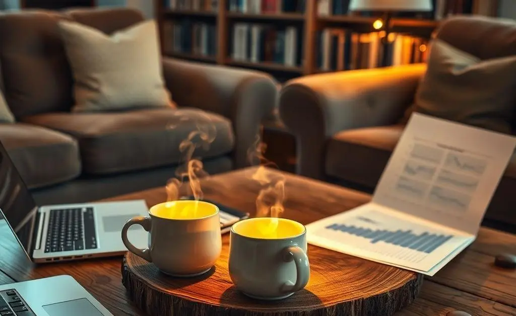 Two steaming mugs on a coffee table, symbolizing a deep, friendly conversation about investments.