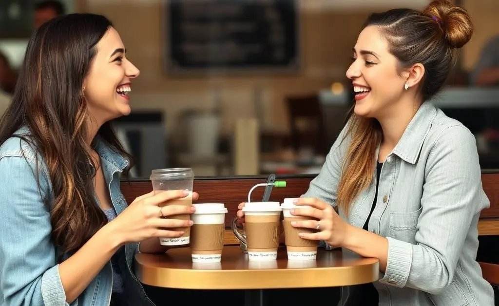 Friends discussing finances over coffee.