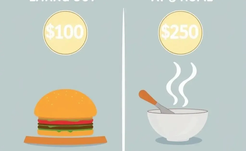 A cartoon-style chart comparing costs of eating out vs. cooking at home
