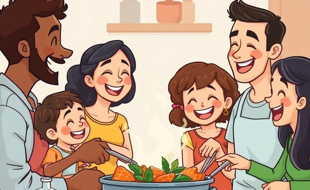 Family members cooking and laughing together