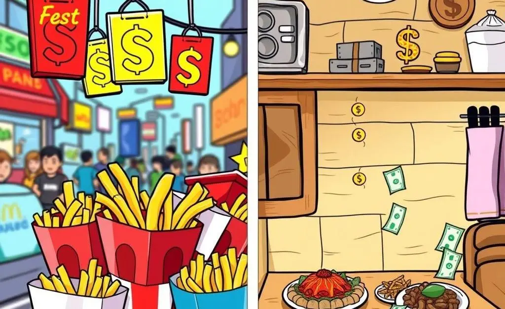 Cartoon showing comparison between dining out and home cooking savings
