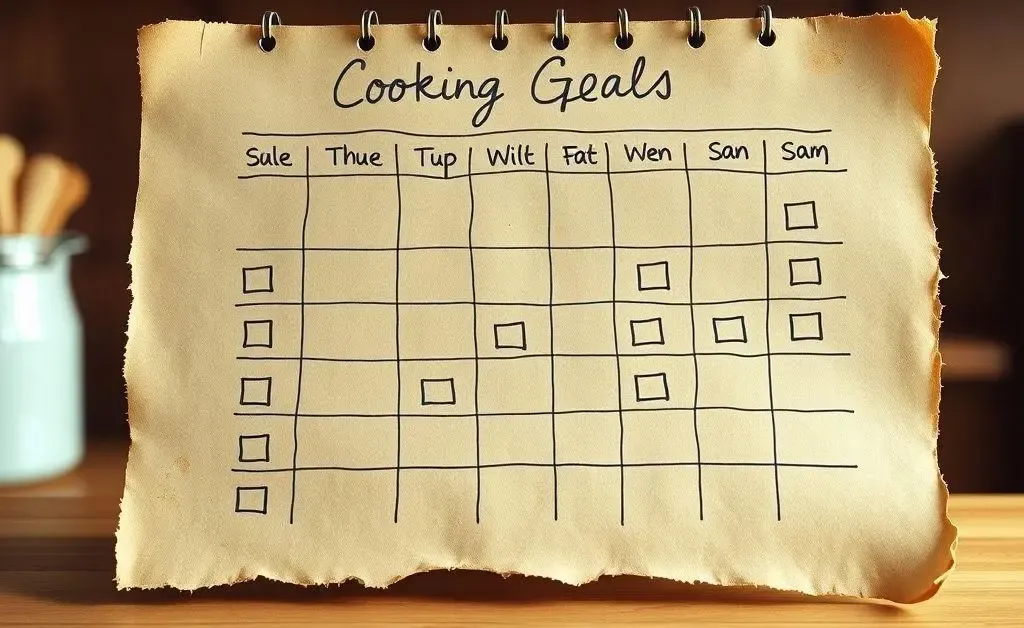 A hand-drawn calendar with daily cooking goals and completed checkmarks