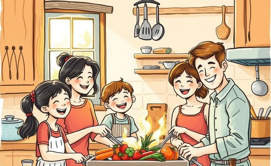 Hand-drawn family happily cooking together in the kitchen