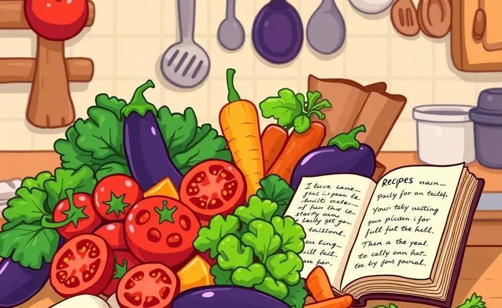 A kitchen counter with fresh vegetables and a recipe book
