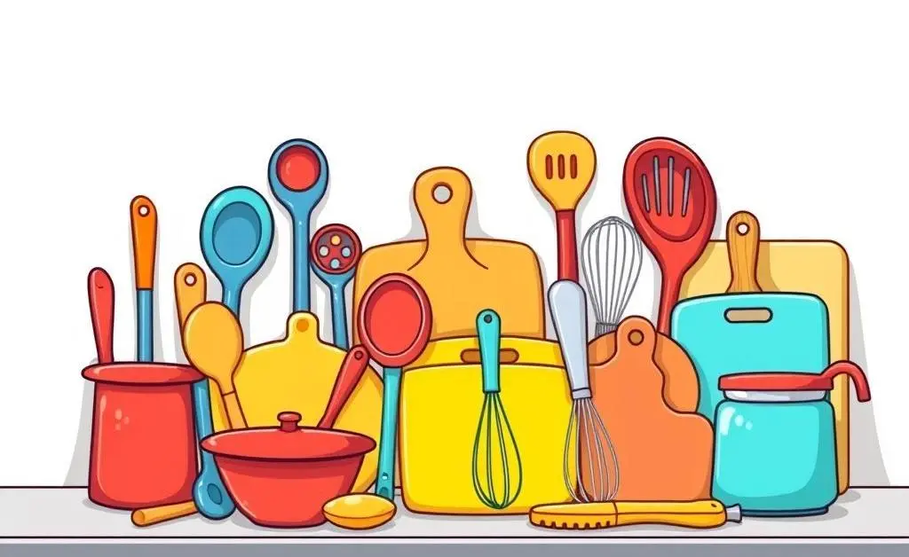Colorful kitchen tools on a countertop